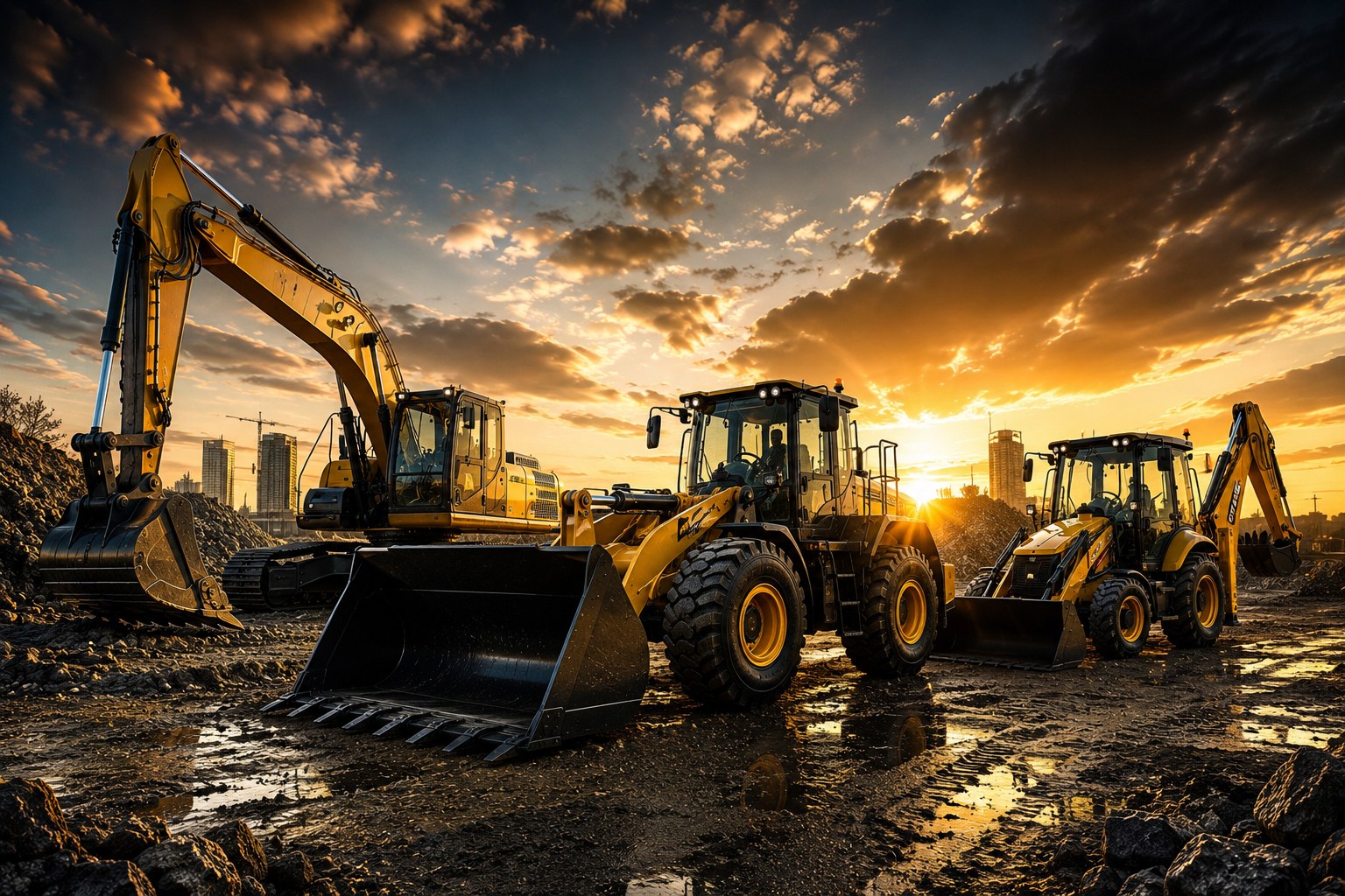 Eye2Eye plant hire fleet with excavators and loaders at sunset
